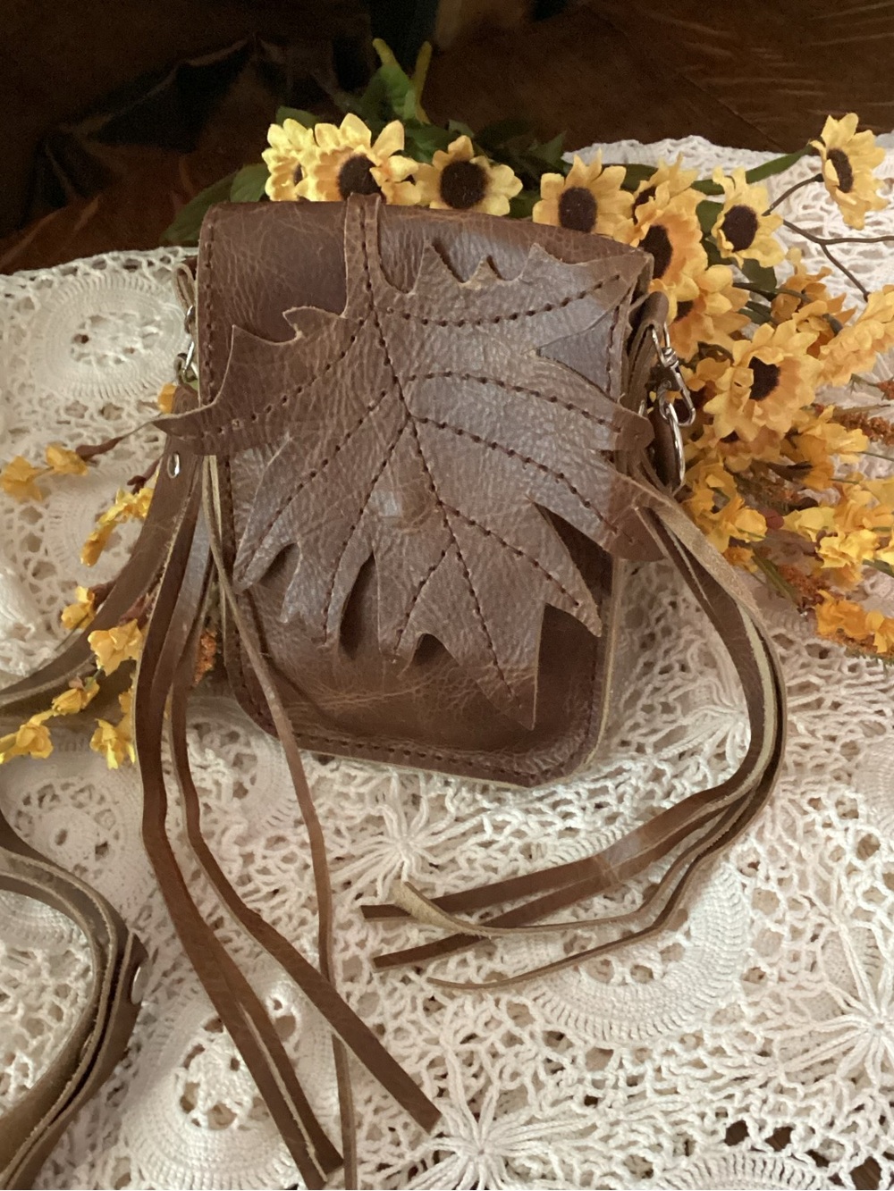 Hand Crafted Brown Leather Crossbody Bag with Fringe - Picture 3 of 8